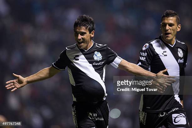 Matias Alustiza of Puebla celebrates after scoring the first goal of his team during the opening friendly match between Puebla and Boca Juniors at...