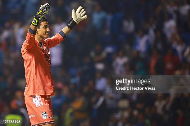 Israel Villasenor goalkeeper of Puebla celebrates after the first goal of his team during the friendly match between Puebla and Boca Juniors at...