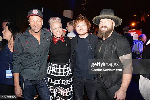 Recording artists Tom Morello, P!nk, Ed Sheeran and Zac Brown attend A+E Networks "Shining A Light" concert at The Shrine Auditorium on November 18,...