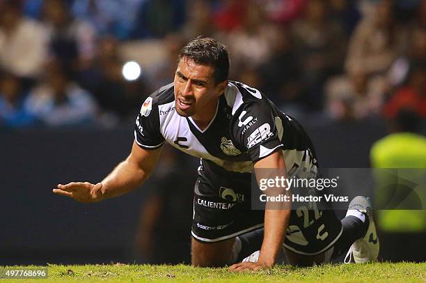 Patricio Araujo of Puebla reacts during the friendly match between Puebla and Boca Juniors at Cuauhtemoc Stadium on November 18, 2015 in Puebla,...