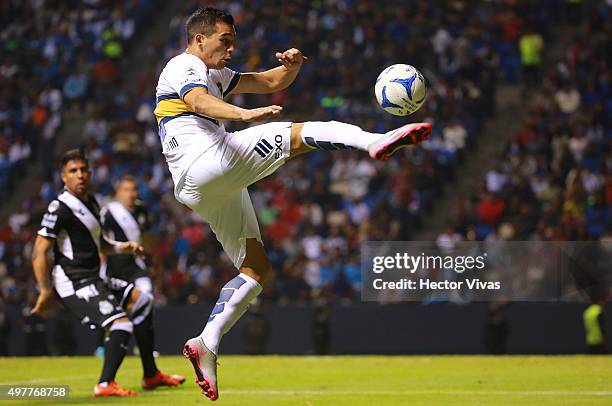 Franco Cristaldo of Boca Juniors controls the ball during the friendly match between Puebla and Boca Juniors at Cuauhtemoc Stadium on November 18,...