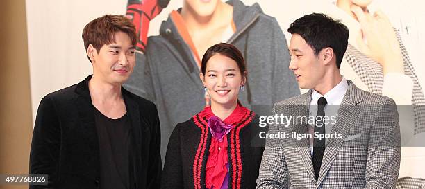 Jung Gyu-woon, Shin Min-a and So Ji-sub attend the KBS drama 'Oh My Venus' press conference at Amoris on November 11, 2015 in Seoul, South Korea.