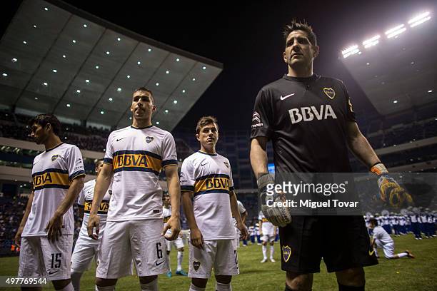 Agustin Orion, Adrián Cubas, Fernando Tobio and Leandro Marin of Boca Juniors get ready for the opening friendly match between Puebla and Boca...