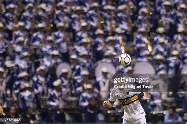 Leandro Marin of Boca Juniors heads the ball during the opening friendly match between Puebla and Boca Juniors at Cuauhtemoc Stadium on November 18,...