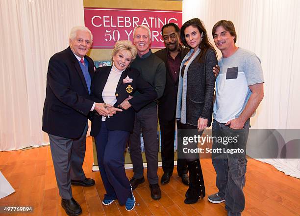 Bill Hayes, Susan Seaforth Hayes, Greg Meng, James Reynolds, Nadia Bjorlin and Bryan Dattilo pose at the Days Of Our Lives: 50 Years Book Signing In...