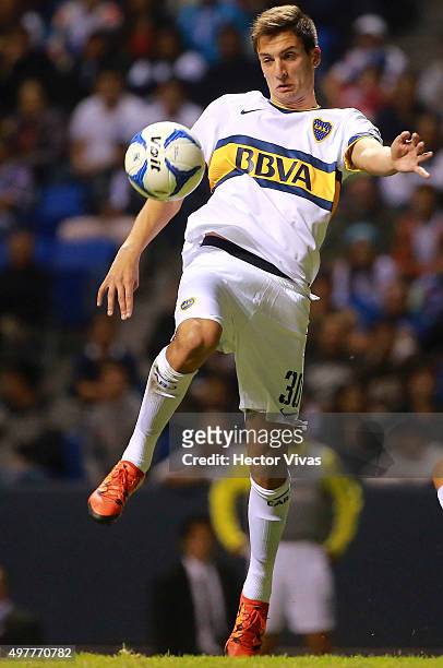 Rodrigo Bentancur of Boca Juniors controls the ball during the friendly match between Puebla and Boca Juniors at Cuauhtemoc Stadium on November 18,...