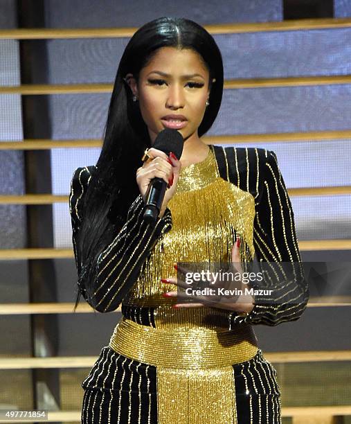 Recording artist Nicki Minaj speaks onstage at A+E Networks "Shining A Light" concert at The Shrine Auditorium on November 18, 2015 in Los Angeles,...