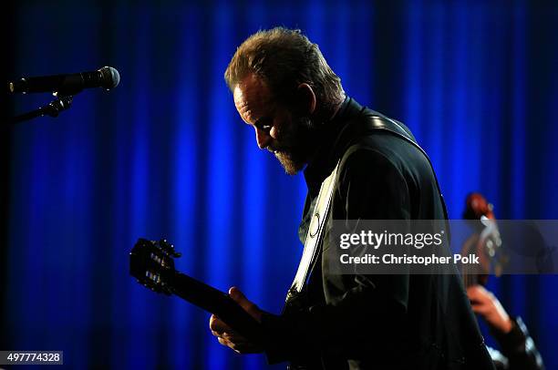 Recording artist Sting performs onstage at A+E Networks "Shining A Light" concert at The Shrine Auditorium on November 18, 2015 in Los Angeles,...