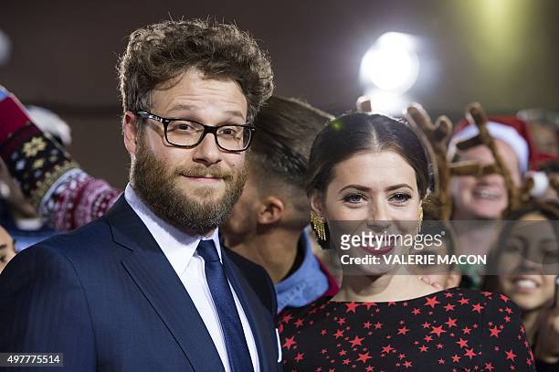 Actor Seth Rogen and wife Lauren Miller attends the Premiere of "The Night Before", in Los Angeles, California, on November 18, 2015.AFP PHOTO...