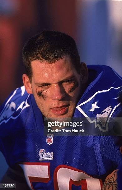 Andy Katzenmoyer of the New England Patriots looks on from the bench during the game against the Arizona Cardinals at the Sun Devil Stadium in Tempe,...