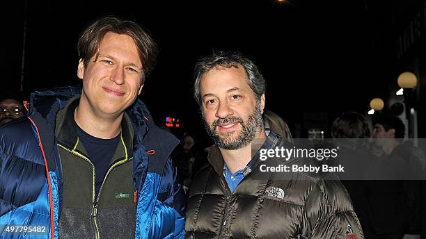 Comedian Pete Holmes and director Judd Apatow on the set of HBO's pilot "Crashing" on November 18, 2015 in New York City.