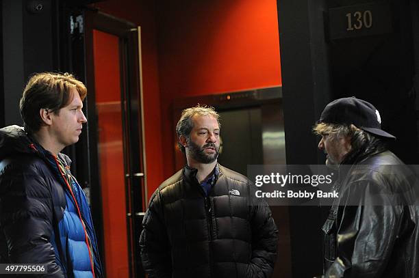 Comedian Pete Holmes, director Judd Apatow and comedian Artie Lange on the set of HBO's pilot "Crashing" on November 18, 2015 in New York City.