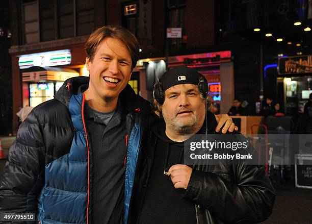 Comedians Pete Holmes and Artie Lange on the set of HBO's pilot "Crashing" on November 18, 2015 in New York City.