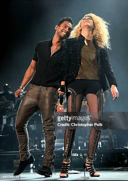 Recording artists Miguel and Tori Kelly perform onstage at A+E Networks "Shining A Light" concert at The Shrine Auditorium on November 18, 2015 in...