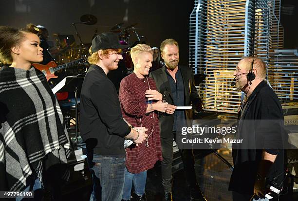 Musicians Andra Day, Ed Sheeran, P!nk, Sting and executive producer Ken Ehrlich rehearse onstage at A+E Networks "Shining A Light" concert at The...