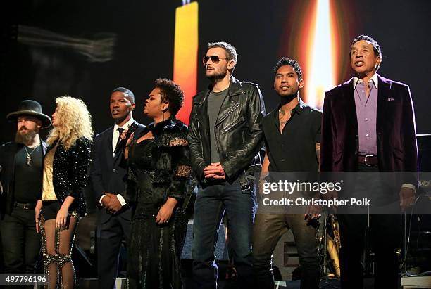 Recording artists Zac Brown, Tori Kelly, Jamie Foxx, Jill Scott, Eric Church, Miguel and Smokey Robinson perform onstage at A+E Networks "Shining A...