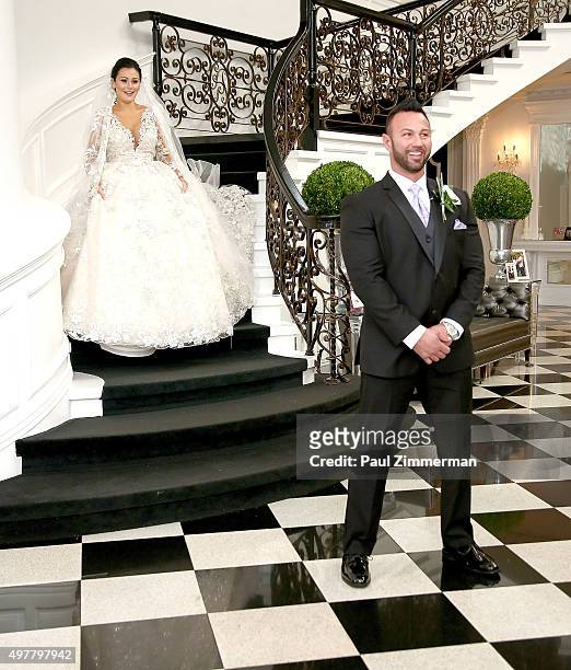 Jenni 'JWoww' Farley and Roger Mathews pose for wedding photographs at the wedding of television personalities Jenni 'JWoww' Farley and Roger Mathews...