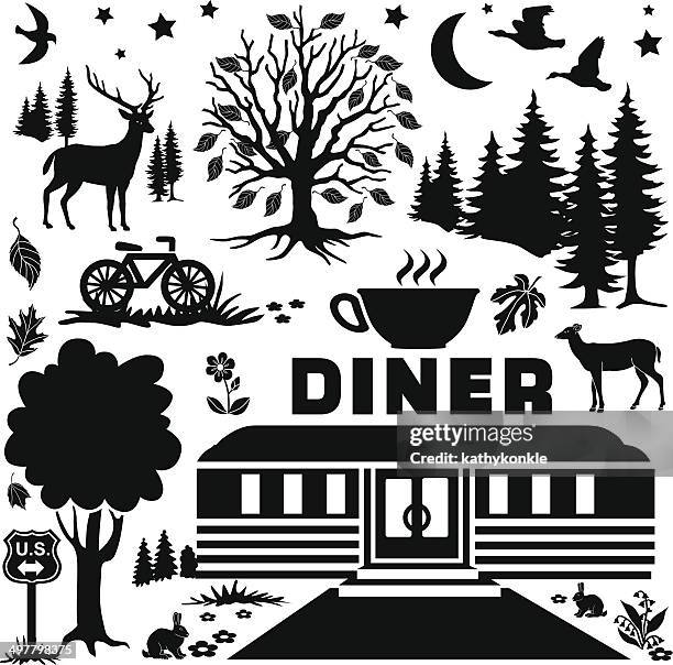 rural diner at night design elements - suburbs night stock illustrations