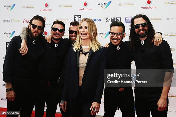 Gin Wigmore and her band pose for a photo on the red carpet at the Vodafone New Zealand Music Awards at Vector Arena on November 19, 2015 in...