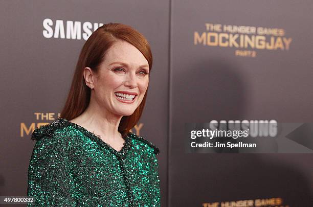 Actress Julianne Moore attends the "The Hunger Games: Mockingjay- Part 2" New York premiere at AMC Loews Lincoln Square 13 theater on November 18,...