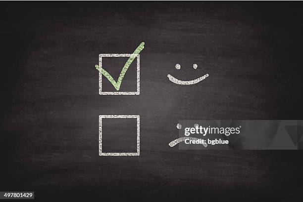 stockillustraties, clipart, cartoons en iconen met smiley or sad checkboxes on blackboard - chalkboard - schoolbord