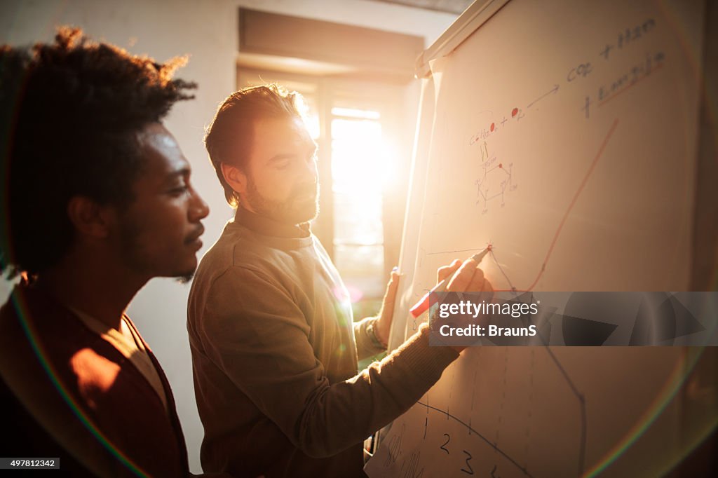 Two businessmen working together on a business graph at office.
