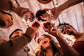 Below view of group of friends toasting with wine.