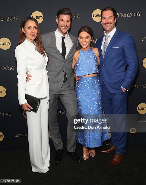 Snezana Markoski, Sam Wood, Sam Frost and Sasha Mielczarek pose at The Star during the Network 10 Content Plan 2016 event on November 19, 2015 in...