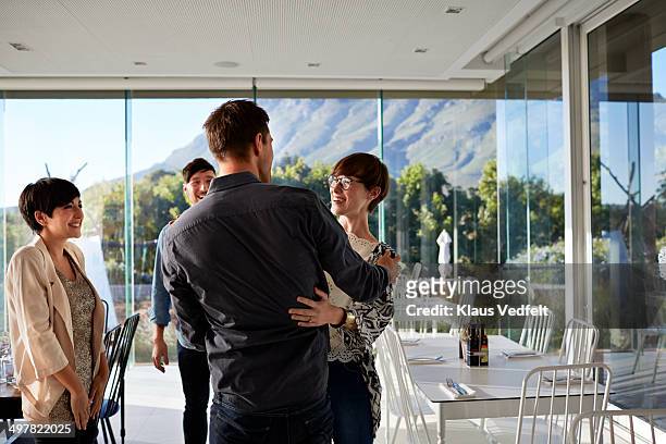friends greeting before dinner at restaurant - dacor introduces the modernist collection of luxury appliances stockfoto's en -beelden