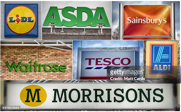 In this composite image, the logos of the UK's leading supermarkets Lidl, Asda, Sainsbury's Waitrose, Tesco and Aldi and bottom row Morrisons, are...