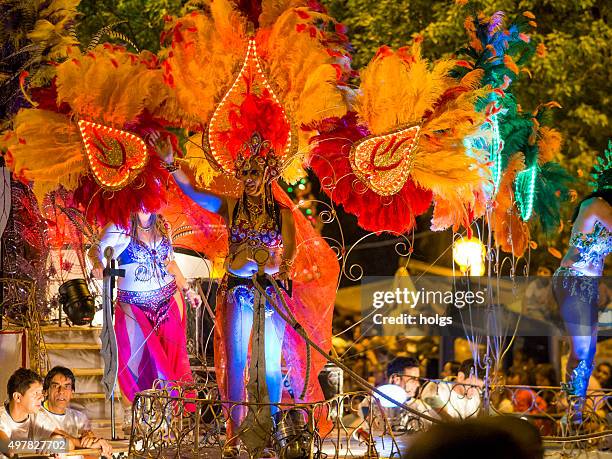 women in costume in the carnaval in montevideo, uruguay - uruguay carnival stock pictures, royalty-free photos & images