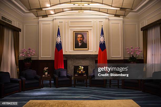 Portrait of revolutionary Sun Yat-set is displayed inside the President's Hall at the presidential palace in Taipei, Taiwan, on Wednesday, Nov. 18,...