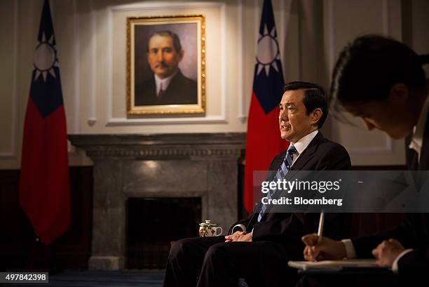 Ma Ying-jeou, Taiwan's president, left, speaks during an interview at the presidential palace in Taipei, Taiwan, on Thursday, Nov. 19, 2015. Ma is...