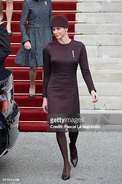Princess Charlene Of Monaco leaves the Cathedral of Monaco after a mass during the official ceremonies for the Monaco National Day Celebrations on...