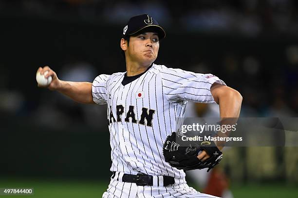 Starting pitcher Shohei Otani of Japan throws in the top of fifth inning during the WBSC Premier 12 semi final match between South Korea and Japan at...