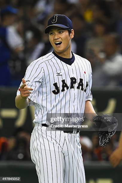 Starting pitcher Shohei Otani of Japan reacts after the top of sixth inning during the WBSC Premier 12 semi final match between South Korea and Japan...