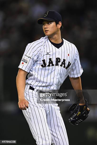 Starting pitcher Shohei Otani of Japan reacts in the top of seventh inning during the WBSC Premier 12 semi final match between South Korea and Japan...