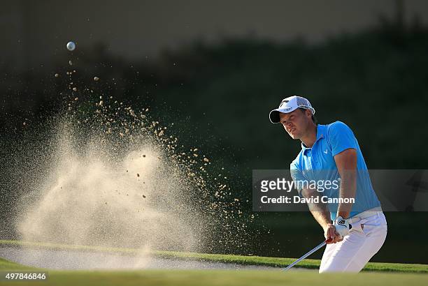 Danny Willett of England plays his third shot on the par 5, 14th hole during the first round of the 2015 DP World Tour Championship on the Earth...