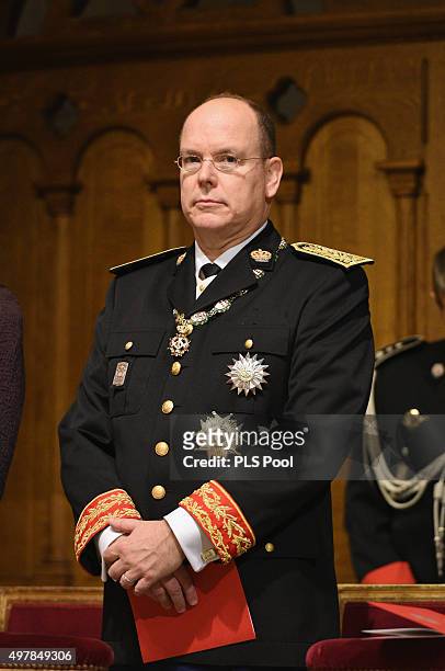 Prince Albert II of Monaco attends a mass at the Cathedral of Monaco during the official ceremonies for the Monaco National Day Celebrations on...