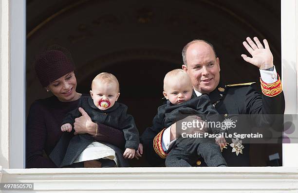 Princess Charlene of Monaco attends a balcony apprearance during the National day celebrations with Princess Gabriella, Prince Jacques and Prince...