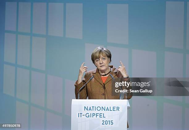 German Chancellor Angela Merkel speaks at the 2015 IT Summit on November 19, 2015 in Berlin, Germany. The two-day summit addresses issues of digital...