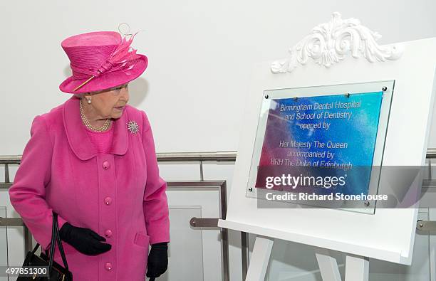 Queen Elizabeth II officially opens the new Birmingham Hospital and School of Dentistry on November 19, 2015 in London, England.