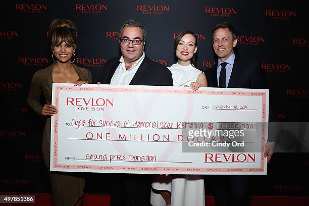 Revlon CEO, Lorenzo Delpani and Revlon Global Brand Ambassadors Halle Berry and Olivia Wilde and Seth Meyers celebrate the Revlon LOVE IS ON Million...