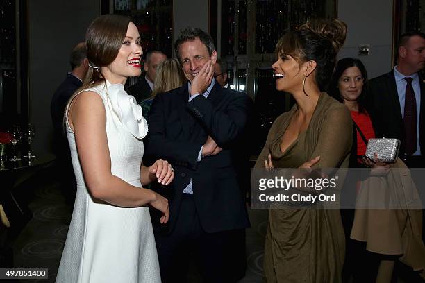 Revlon Global Brand Ambassadors Halle Berry and Olivia Wilde and Seth Meyers celebrate the Revlon LOVE IS ON Million Dollar Challenge at the Rainbow...