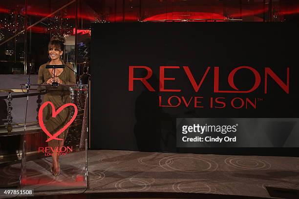 Revlon Global Brand Ambassador Halle Berry celebrates the success of the Revlon LOVE IS ON Million Dollar Challenge at the Rainbow Room on November...