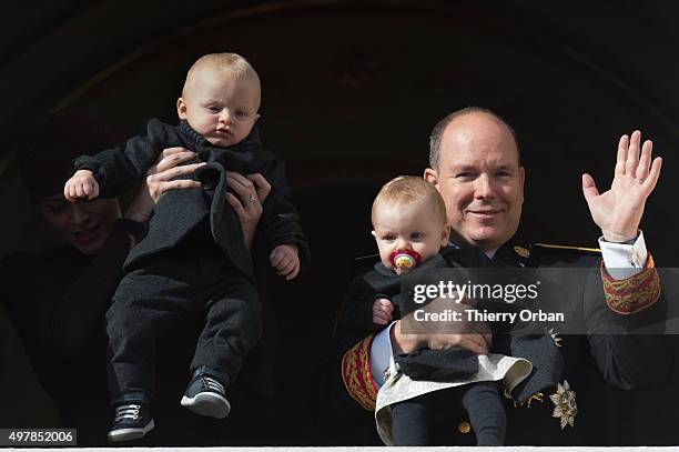 Princess Charlene of Monaco, Prince Albert II of Monaco, Princess Gabriela and Prince Jacques appear on the Balcony during the Monaco national day on...