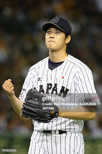 Starting pitcher Shohei Otani of Japan reacts after the top of first inning during the WBSC Premier 12 semi final match between South Korea and Japan...