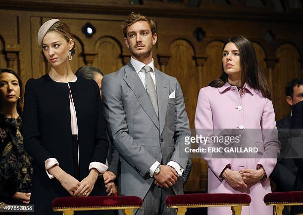 Beatrice Borromeo, Pierre Casiraghi and Charlotte Casiraghi attend a mass at the Monaco Cathedral as part of celebrations marking Monaco's National...