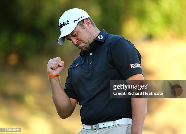 An emotional Matthew Southgate of England reacts to securing his tour card during the final round of the European Tour Qualifying School Final at PGA...