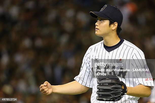 Pitcher Shohei Otani of Japan reacts after the top of fourth inning during the WBSC Premier 12 semi final match between South Korea and Japan at the...